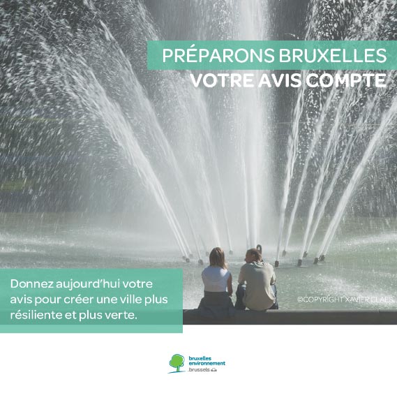 Affiche d'une fontaine avec des personnes autour. Le titre de l'affiche : 'Préparons Bruxelles, votre avis compte'.