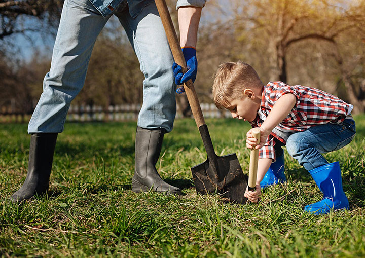 Un adulte et un enfant creusent le sol.