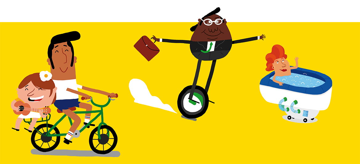 Illustration de quatre personnages à vélo, en monocycle et en baignoire à roulettes